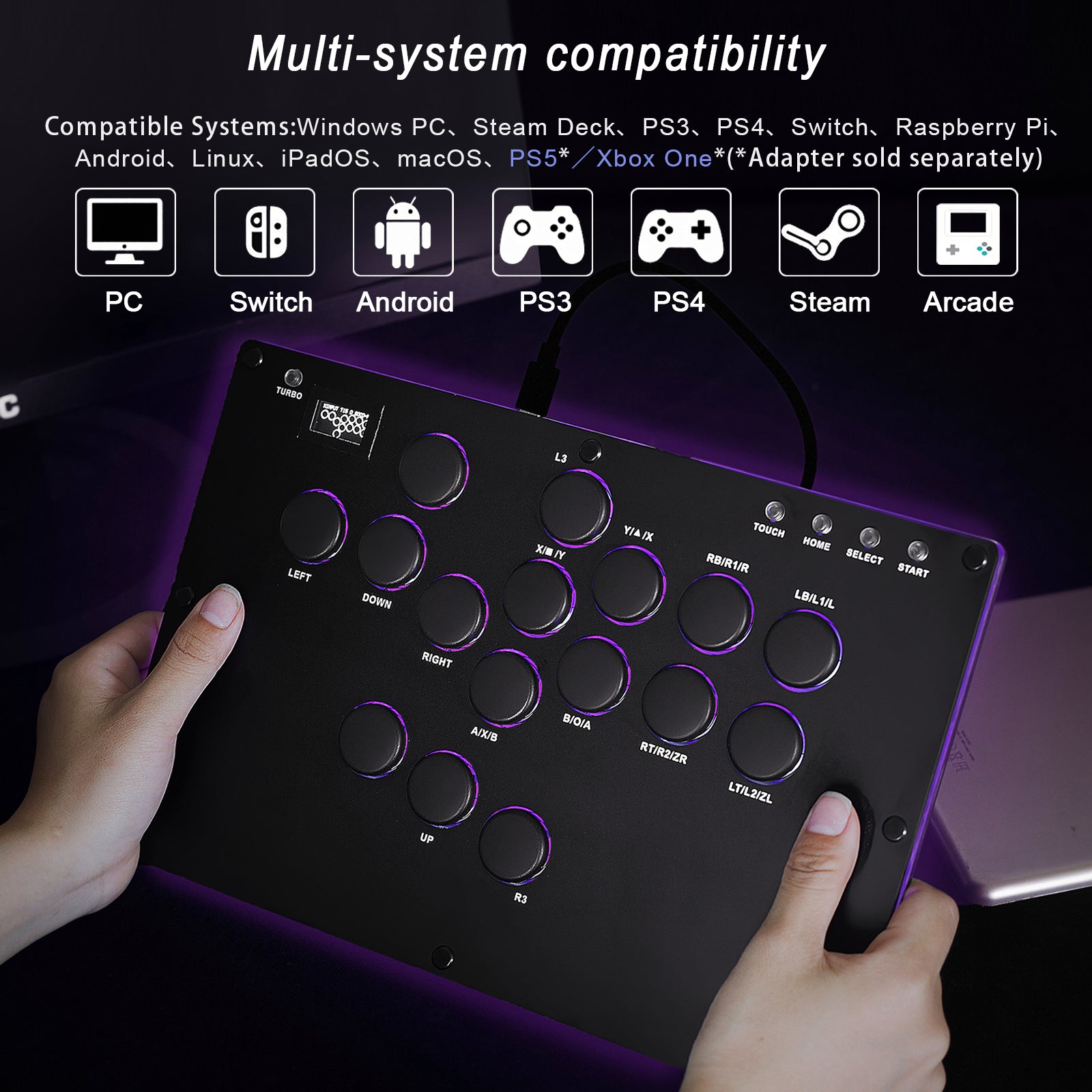 Zeetain MS1 ​​Leverless Controller - Matte Black Panel Anti-Sweat Fighting Game Arcade Stick - 16-Key All-Button, Low-Profile Switches, RGB Turbo - PC/PS4/PS3/Switch/Steam