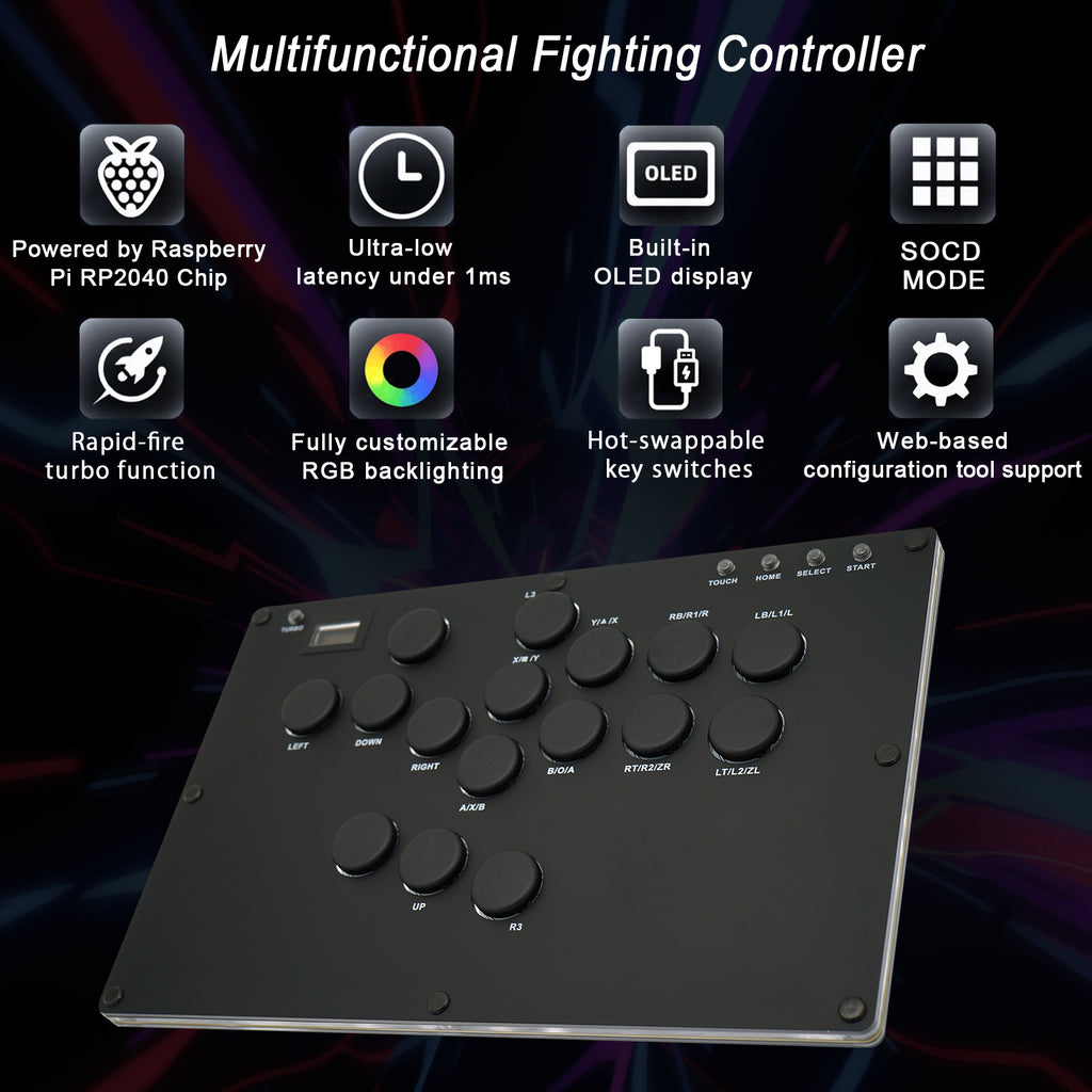 Zeetain MS1 ​​Leverless Controller - Matte Black Panel Anti-Sweat Fighting Game Arcade Stick - 16-Key All-Button, Low-Profile Switches, RGB Turbo - PC/PS4/PS3/Switch/Steam
