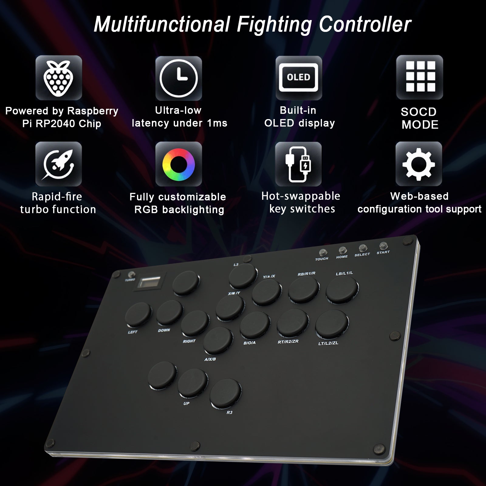 Zeetain MS1 ​​Leverless Controller - Matte Black Panel Anti-Sweat Fighting Game Arcade Stick - 16-Key All-Button, Low-Profile Switches, RGB Turbo - PC/PS4/PS3/Switch/Steam