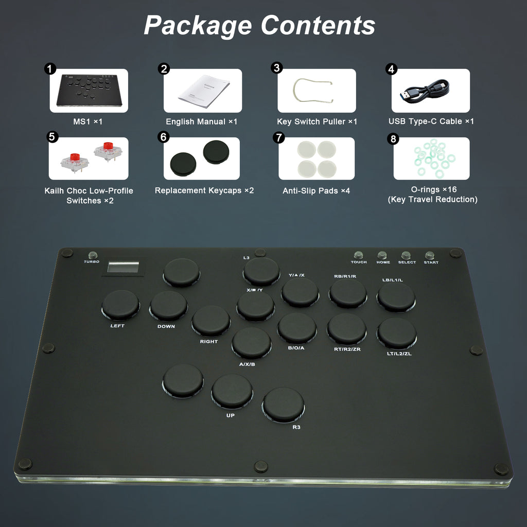 Zeetain MS1 ​​Leverless Controller - Matte Black Panel Anti-Sweat Fighting Game Arcade Stick - 16-Key All-Button, Low-Profile Switches, RGB Turbo - PC/PS4/PS3/Switch/Steam