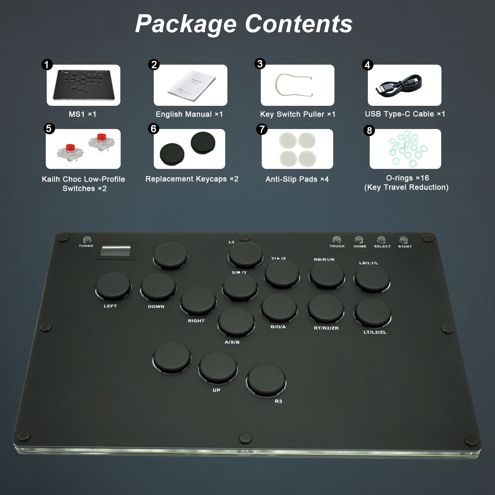Zeetain MS1 ​​Leverless Controller - Matte Black Panel Anti-Sweat Fighting Game Arcade Stick - 16-Key All-Button, Low-Profile Switches, RGB Turbo - PC/PS4/PS3/Switch/Steam